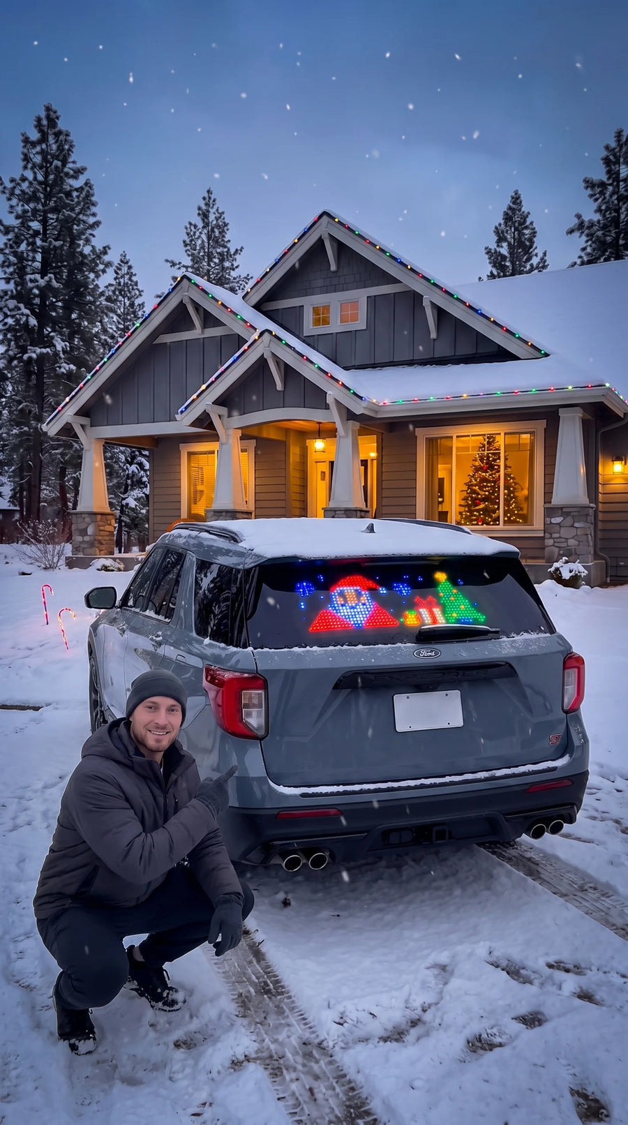 Merry Pixels Christmas display on SUV